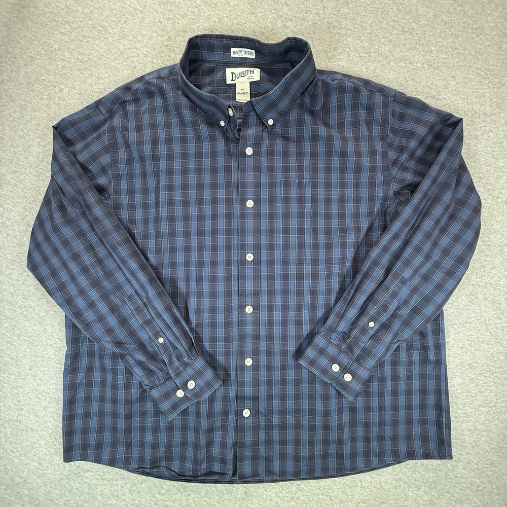 Duluth Trading Co Long Sleeve Button Down Shirt Mens 2XL Relaxed Fit Blue Plaid